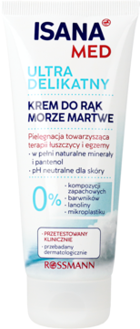 Biała tubka ISANA MED Krem do Rąk Morze Martwe Ultra Delikatny, dla skóry z łuszczycą i egzemą, z przodu.