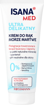 Biała tubka kremu do rąk Isana Med Morze Martwe, Ultra Delikatny, widok z przodu, niebiesko-czerwony napis.