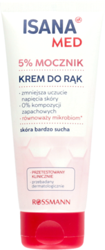 Isana Med 5% Mocznika Krem do rąk w białej tubce z czerwonymi detalami, widok z przodu, do bardzo suchej skóry.