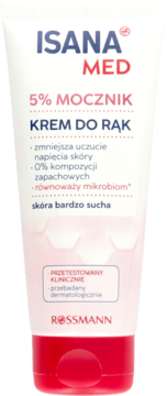 Isana Med 5% Mocznika Krem do rąk w białej tubce z czerwonymi detalami, widok z przodu, do bardzo suchej skóry.