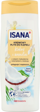 Biała butelka Isana Kremowy Płyn do Kąpieli Kokos i Wanilia z olejkiem macadamia, widok z przodu.