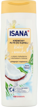 Biała butelka Isana Kremowy Płyn do Kąpieli Kokos i Wanilia z olejkiem macadamia, widok z przodu.