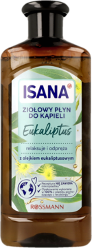 Isana ziołowy płyn do kąpieli Eukaliptus w brązowej butelce z zieloną etykietą, widok z przodu, z recyklingu.