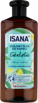 Isana ziołowy płyn do kąpieli Eukaliptus w brązowej butelce, relaksujący, z olejkiem eukaliptusowym, widok z przodu.