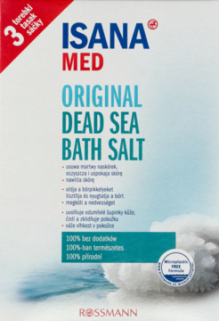 Białe pudełko ISANA MED Original Dead Sea Bath Salt, widok z przodu, z niebieskim napisem i solnymi kryształami.
