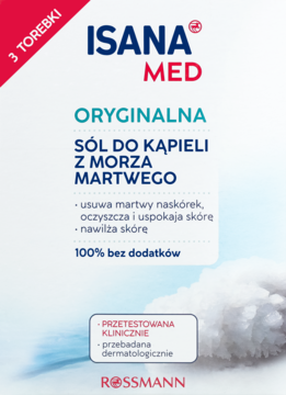 ISANA MED Sól do kąpieli z Morza Martwego, biało-niebieskie opakowanie, widok z przodu. Tekst: 3 torebki, nawilża, oczyszcza.