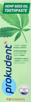 Prokudent Hemp Seed Oil Toothpaste, jasnozielona tuba z liściem konopi, widok z przodu, formuła bez mikroplastiku.