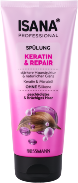 Isana Professional Keratin & Repair odżywka do włosów zniszczonych i łamliwych, różowa tubka, widok z przodu.