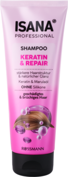 Różowy szampon Isana Professional Keratin & Repair w tubce dla włosów zniszczonych, z grafiką włosów, widok z przodu.
