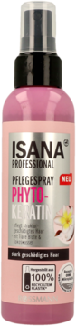 Isana Professional Phyto-Keratin spray, różowa butelka z czarną pompką, do mocno zniszczonych włosów, widok z przodu.