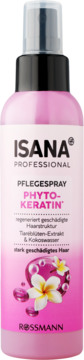 Różowy spray Isana Phyto-Keratin do włosów zniszczonych, z białym kwiatem i kroplami, widok frontalny.