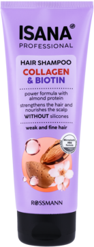 Fioletowy szampon Isana Professional Kolagen & Biotin, tubka, z przodu, do słabych i cienkich włosów.
