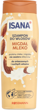Szampon ISANA Migdał Mleko dla suchych włosów, beżowa butelka z migdałami i mlecznym wzorem, front.