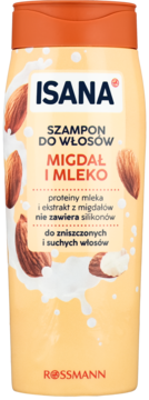ISANA Szampon Migdał i Mleko do włosów suchych, beżowa butelka z grafiką migdałów i mleka, widok z przodu.