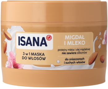 Isana 3w1 maska do włosów migdał i mleko, beżowy słoik z białą etykietą, widok z przodu. Bez silikonów, dla włosów suchych.