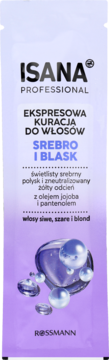 Fioletowa kuracja do włosów Isana Professional Srebro i Blask, dla włosów siwych i blond, z jojoba i pantenolem.