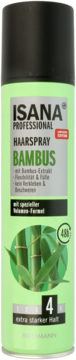 Lakier Isana Professional Bambus, jasnozielona butelka z czarną nakrętką, widok z przodu, mocny chwyt 48h.