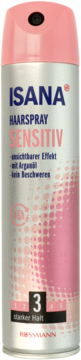 Isana Hairspray Sensitiv, srebrna puszka z różową nakrętką i kropkami, silne utrwalenie, argan.