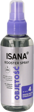 ISANA Booster Spray do włosów zwiększający objętość, przezroczysta butelka z fioletowym atomizerem, widok z przodu.