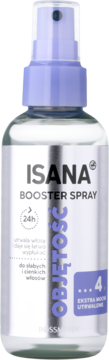 ISANA VOLUME BOOSTER Spray w przezroczystej butelce z fioletowym atomizerem, do włosów, widok z przodu.