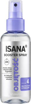 ISANA BOOSTER SPRAY, przezroczysta butelka z fioletowym atomizerem, na etykiecie widnieje 'OBJĘTOŚĆ' i '4. EKSTRA MOC'.