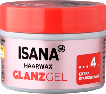 Isana Haarwax Glanzgel w okrągłym, jasnoróżowym słoiczku z czerwonym wieczkiem. Wosk w żelu o ekstramocnym utrwaleniu i połysku.