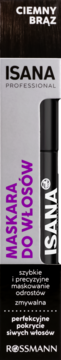 Isana Professional maskara do włosów Ciemny Brąz. Czarna tubka na szarym tle, maskowanie odrostów i siwych włosów.