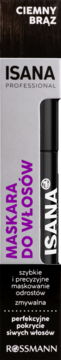 Isana Professional maskara do włosów Ciemny Brąz. Czarna tubka na szarym tle, maskowanie odrostów i siwych włosów.