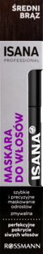 Isana Professional maskara do włosów, średni brąz, do krycia odrostów i siwych włosów, czarna tubka.