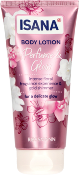 Różowa tubka balsamu ISANA Body Lotion Perfume & Glow z kwiatowym wzorem, zapewnia złocisty blask, widok z przodu.