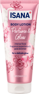 ISANA Body Lotion Perfume & Glow, różowa tubka z kwiatami, widok z przodu, złoty shimmer dla blasku.
