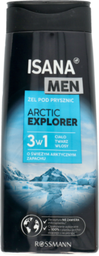 Isana Men Arctic Explorer 3w1 żel pod prysznic, czarna butelka z arktycznym krajobrazem, widok z przodu.