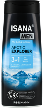 Isana Men Arctic Explorer 3w1 żel pod prysznic, czarna butelka z arktycznym krajobrazem, widok z przodu.