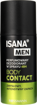 Czarno-zielony dezodorant w sprayu Isana Men Body Contact o zmysłowym, intensywnym zapachu, widok z przodu.