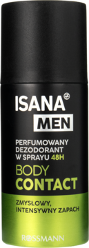 Czarno-zielony dezodorant w sprayu Isana Men Body Contact o zmysłowym, intensywnym zapachu, widok z przodu.