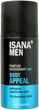 Isana Men Body Appeal perfumowany dezodorant 48H, czarno-niebieska butelka sprayu, widok z przodu.