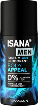 Isana Men Parfum Deodorant Body Appeal, czarny spray, zapach morskiej soli i drzewa sandałowego, widok z przodu.