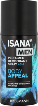 Czarny dezodorant Isana Men Body Appeal Sea Salt & Sandalwood, 48H, widok z przodu, z niebieskimi akcentami.