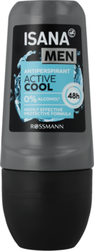 Isana Men Active Cool antyperspirant w kulce, 0% alkohol, szaro-czarna butelka, widok z przodu.