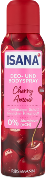 ISANA Deo- und Bodyspray Cherry Amour, czerwona puszka z wzorem wiśni, 0% aluminium, widok z przodu.
