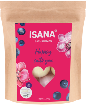 Opakowanie ISANA Bath Bombs Happy Suits You, różowo-granatowe z orchideami, jagodami i sercem, zawiera 2 kule.