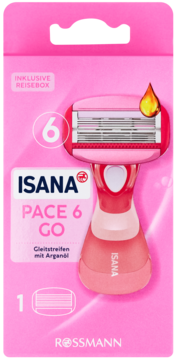 Różowa maszynka Isana Pace 6 Go z 6 ostrzami i arganem, w opakowaniu z pudełkiem podróżnym.
