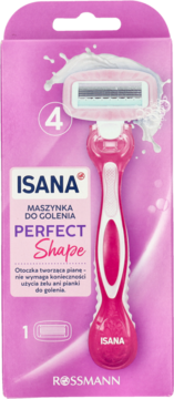 Isana Perfect Shape różowa maszynka do golenia z 4 ostrzami, w blistrze Rossmann, widok z przodu.