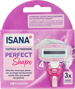 Różowe opakowanie Isana Perfect Shape z 3 wymiennymi ostrzami, z pianotwórczymi padami do golenia.