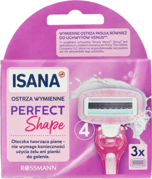 Różowe opakowanie Isana Perfect Shape z 3 wymiennymi ostrzami, z pianotwórczymi padami do golenia.
