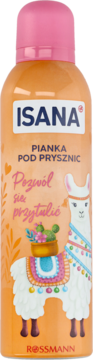 Isana pianka pod prysznic Pozwól się przytulić, pomarańczowa butelka z alpaki i różową nakrętką, widok z przodu.