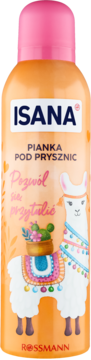 Isana pianka pod prysznic, pomarańczowa butelka z lamą i napisem "Pozwól się przytulić", różowa nakrętka.