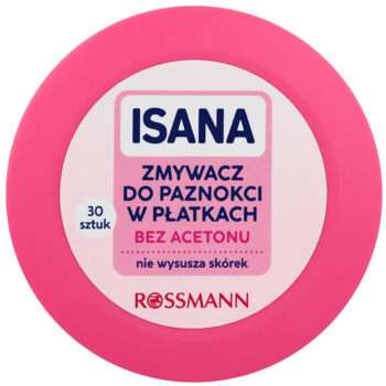 Isana zmywacz do paznokci w płatkach bez acetonu, 30 sztuk, różowe okrągłe opakowanie Rossmann.