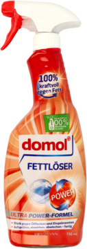 Domol Power odtłuszczacz, pomarańczowa butelka 750ml, z przodu logo Domol i napis FETTLÖSER, widok na wprost.