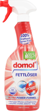 Czerwona butelka Domol Fettlöser 750ml z białym rozpylaczem, widok z przodu. Napisy 'POWER' i '100% silny na tłuszcz'.